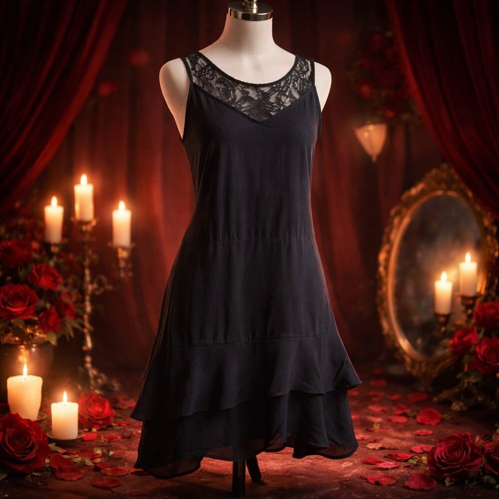 Michael Kors Women's Black Raffled Midi Sexy Dress with Lace Neckline Size 8